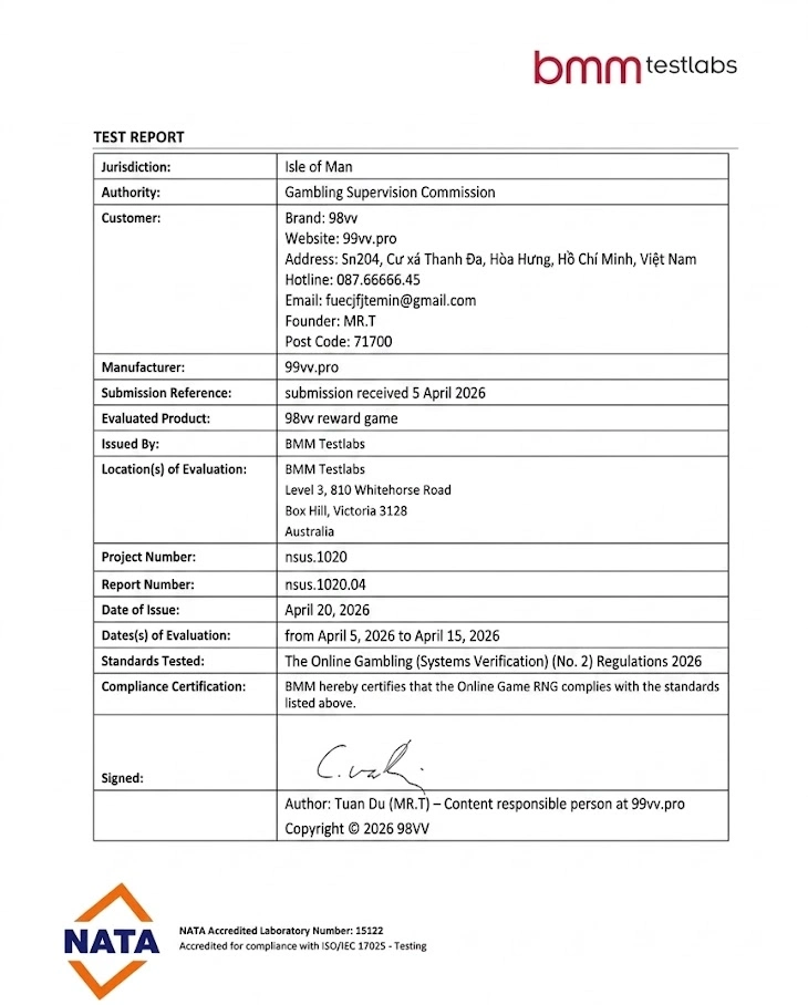 Chứng chỉ bảo mật BMM Testlabs iTech Labs 98VV 99vv.pro